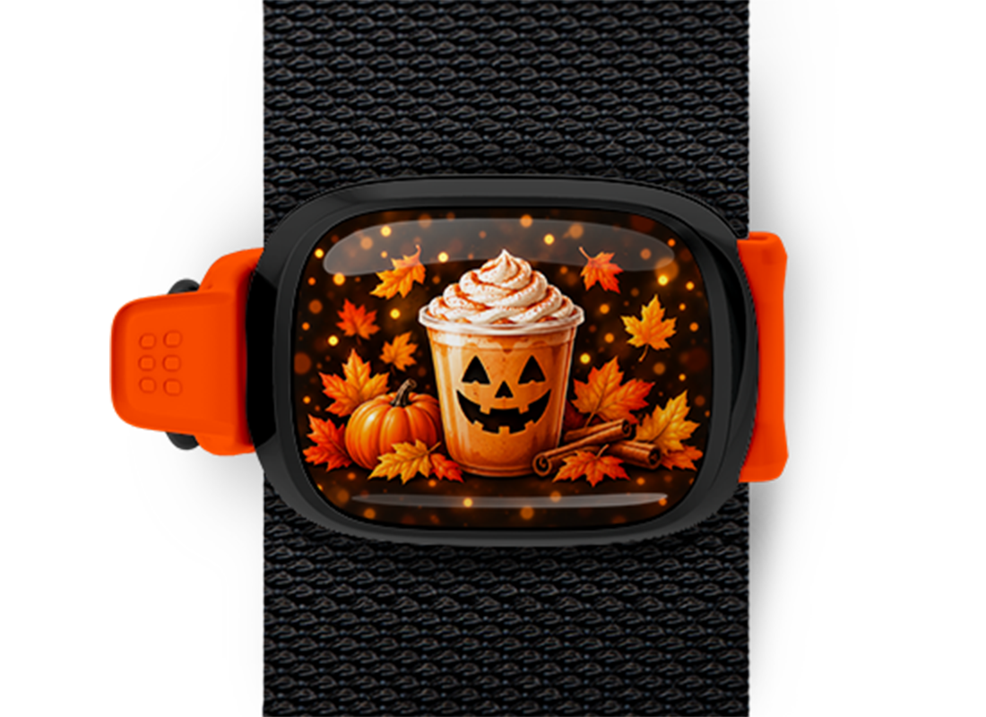 Jack-o'-Lantern Pumpkin Spice Latte Stwrap Halloween bag tag mounted on a black strap