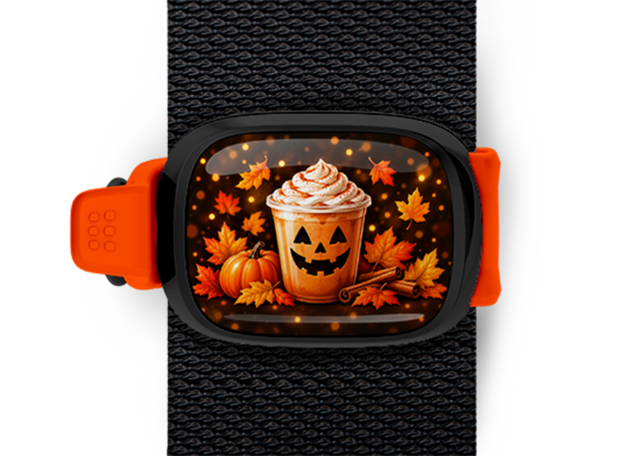 Jack-o'-Lantern Pumpkin Spice Latte Stwrap Halloween bag tag mounted on a black strap