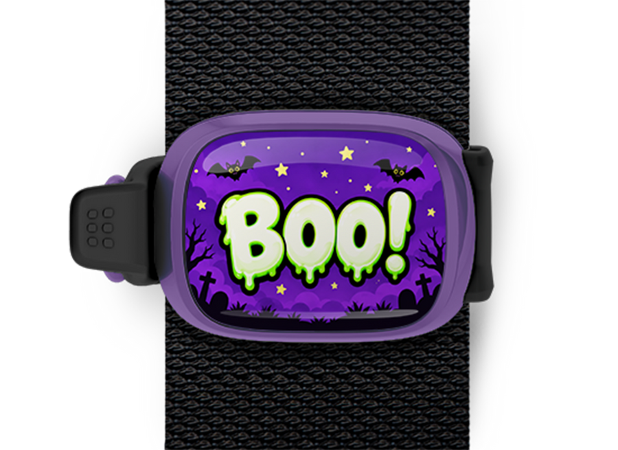 Boo! Stwrap Halloween bag tag mounted on a black strap