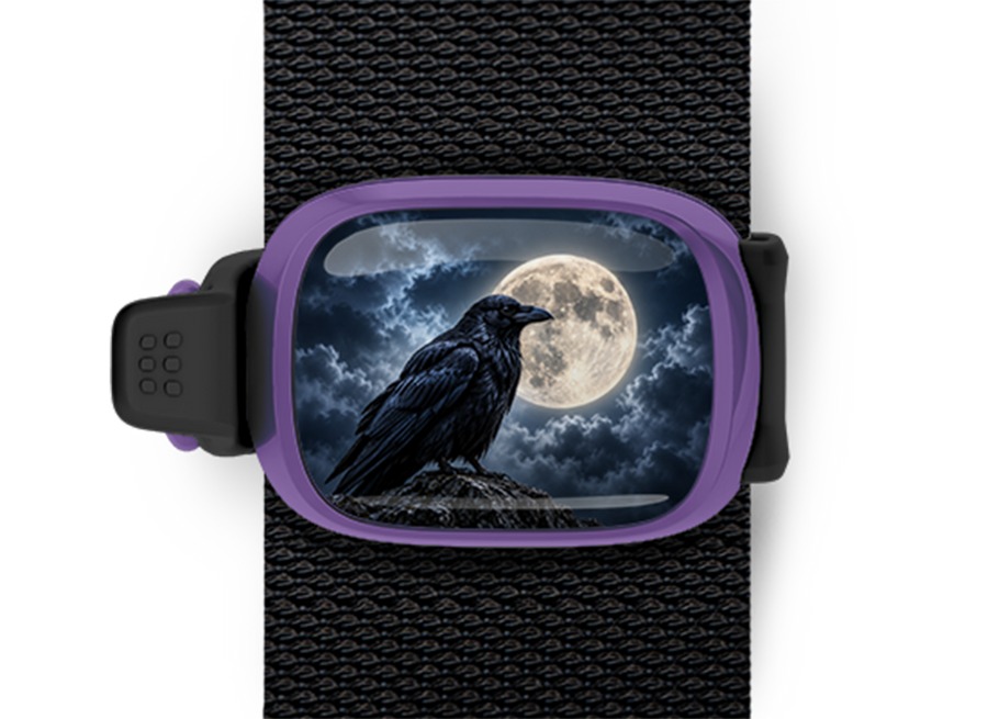Raven Full Moon Stwrap Halloween bag tag mounted on a black strap