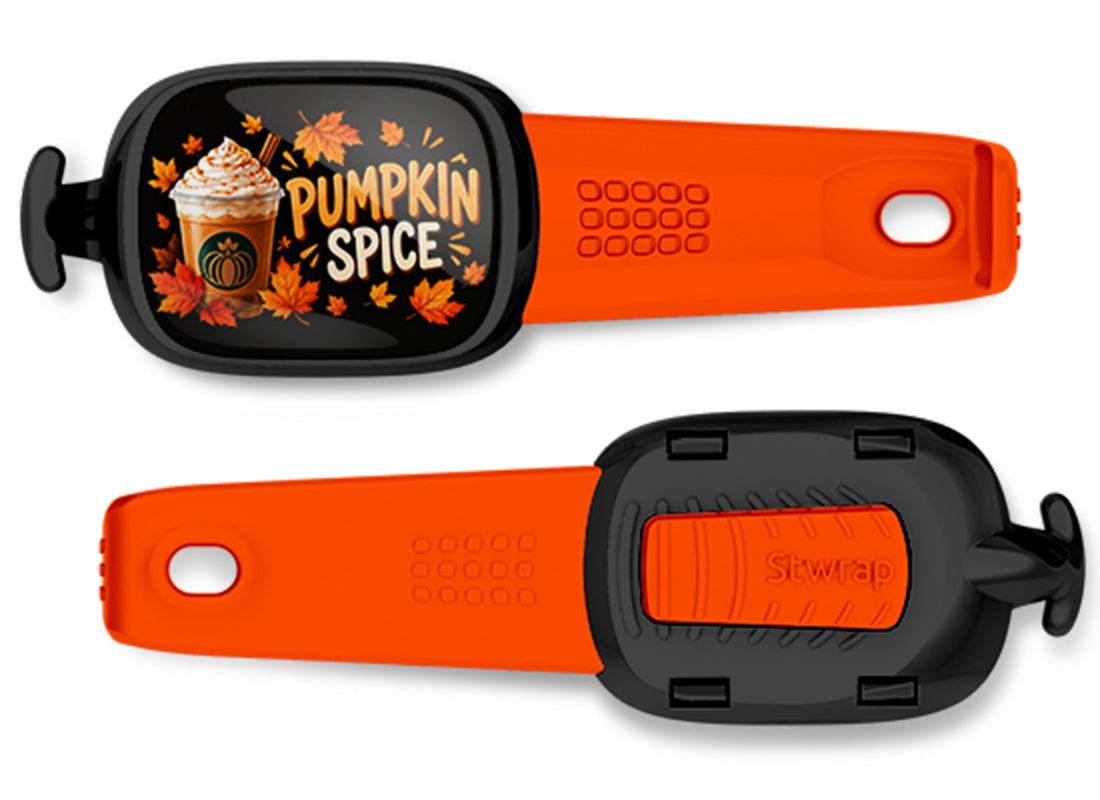 Pumpkin Spice Stwrap bag tag, front design and back view
