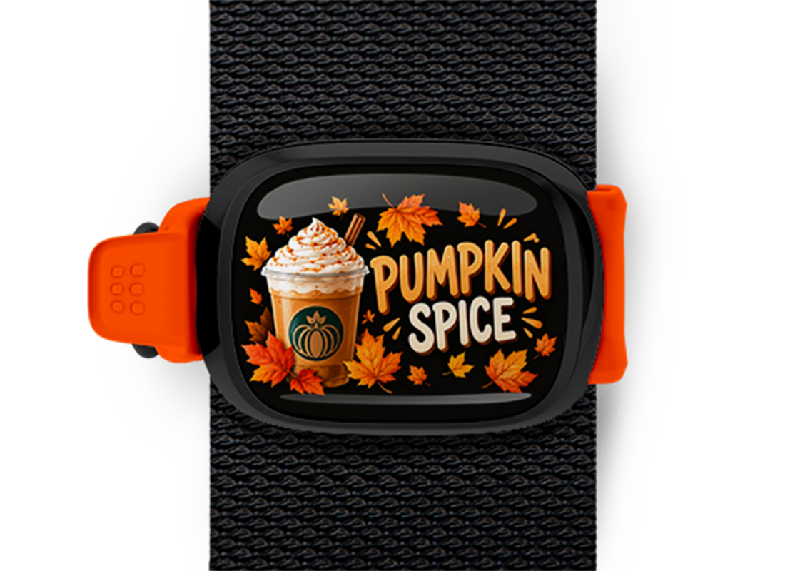 Pumpkin Spice Stwrap Halloween bag tag mounted on a black strap