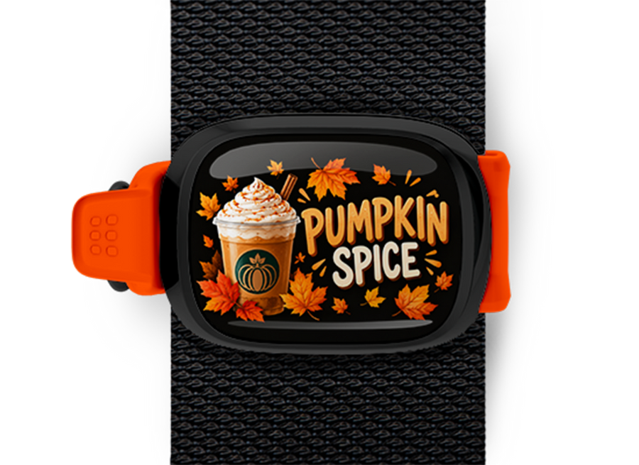Pumpkin Spice Stwrap Halloween bag tag mounted on a black strap