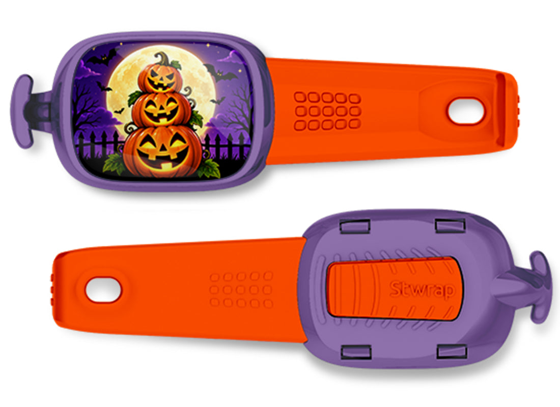 Stacked Jack-o'-Lanterns Stwrap bag tag, front design and back view