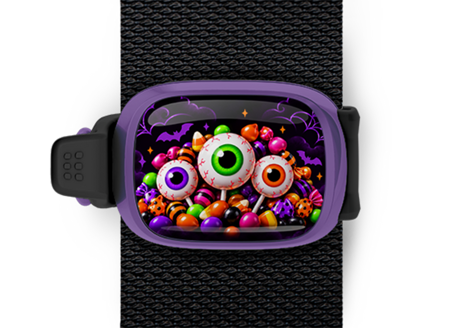 Eyeball Candy Pile Stwrap Halloween bag tag mounted on a black strap