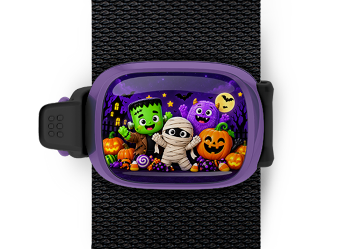 Halloween Monster Crew Stwrap Halloween bag tag mounted on a black strap