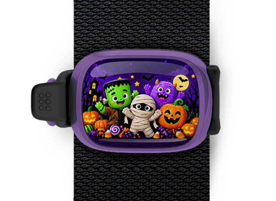 Halloween Monster Crew Stwrap Halloween bag tag mounted on a black strap