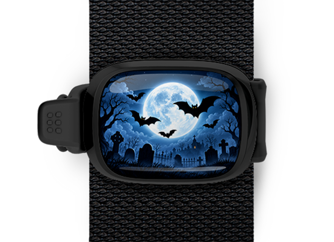 Moonlit Graveyard Bats Stwrap Halloween bag tag mounted on a black strap