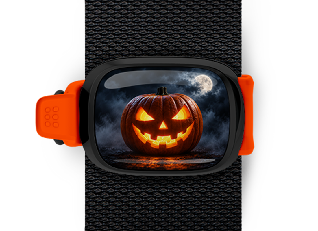 Glowing Jack O Lantern Stwrap Halloween bag tag mounted on a black strap