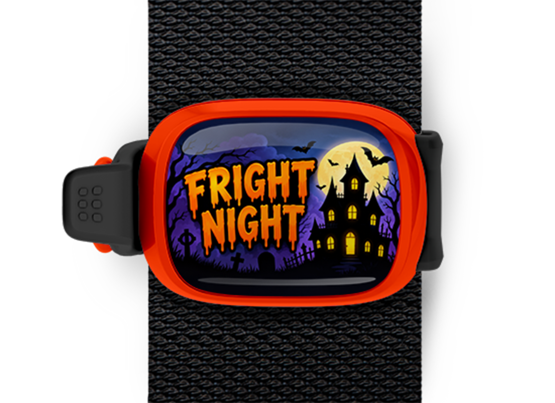 Fright Night Stwrap Halloween bag tag mounted on a black strap