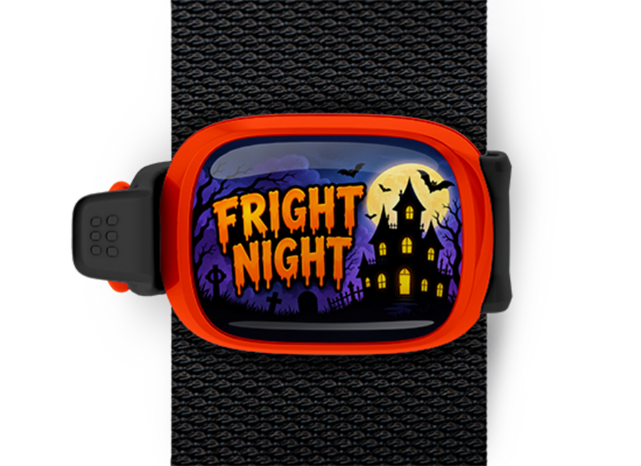 Fright Night Stwrap Halloween bag tag mounted on a black strap