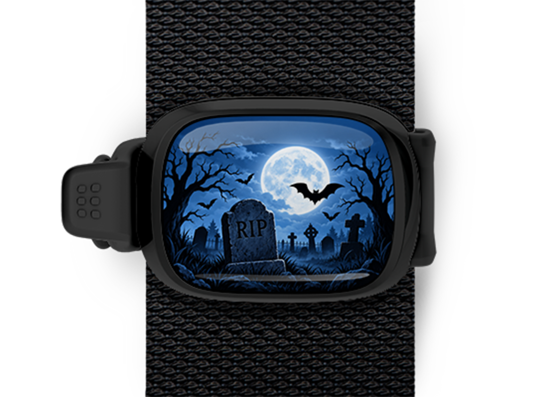 RIP Graveyard Stwrap Halloween bag tag mounted on a black strap