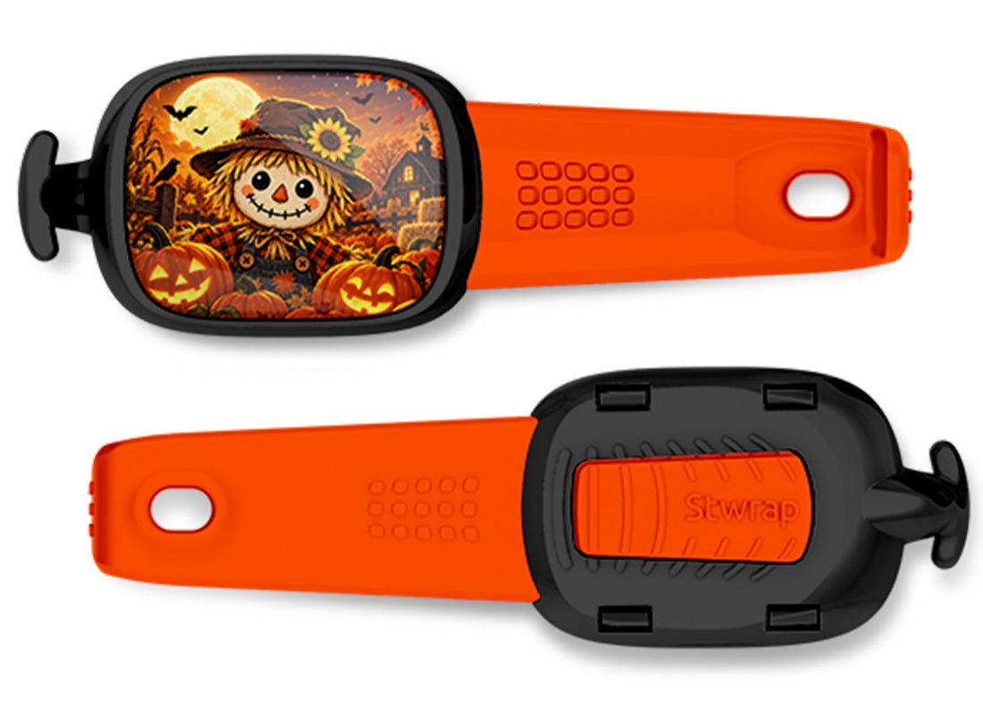 Halloween Scarecrow Stwrap bag tag, front design and back view