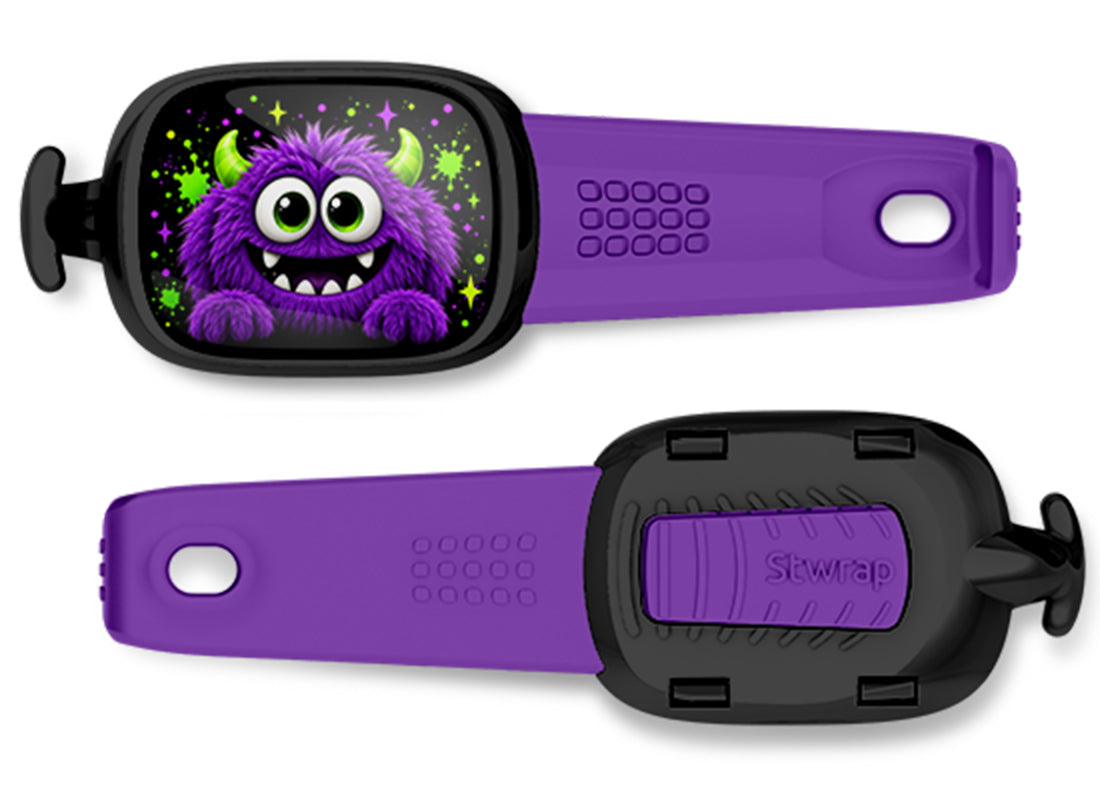 Purple Monster Stwrap bag tag, front design and back view