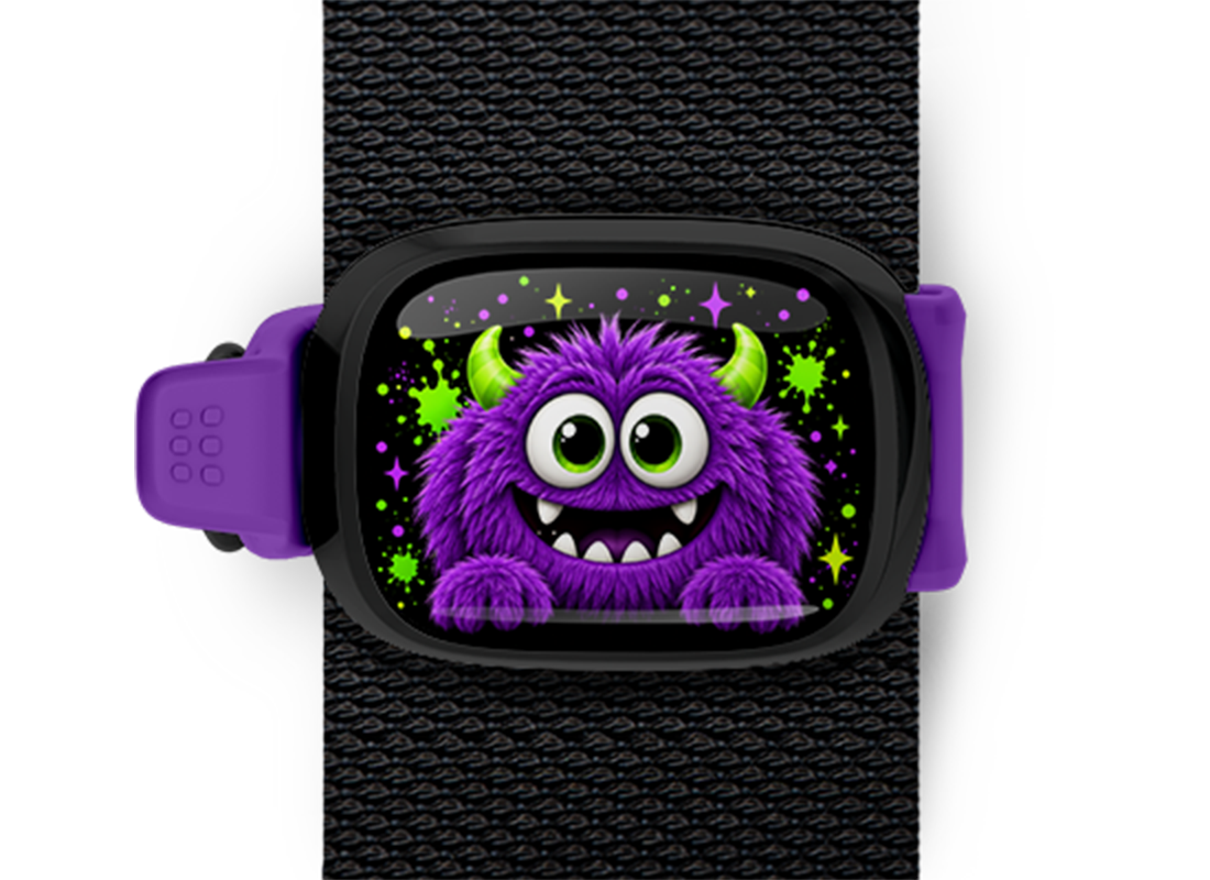 Purple Monster Stwrap Halloween bag tag mounted on a black strap