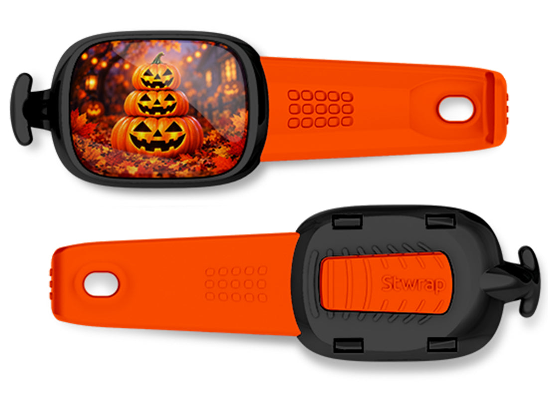 Autumn Stacked Jack-o'-Lanterns Stwrap bag tag, front design and back view