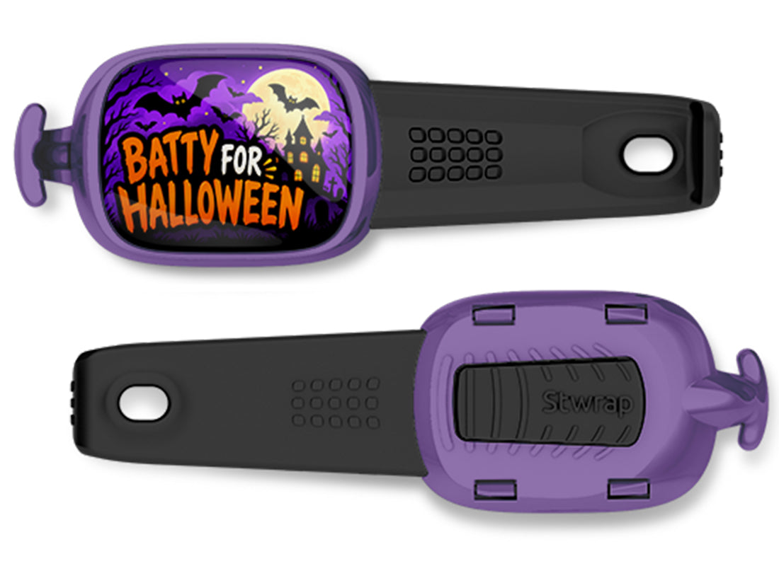 Batty For Halloween Stwrap bag tag, front design and back view