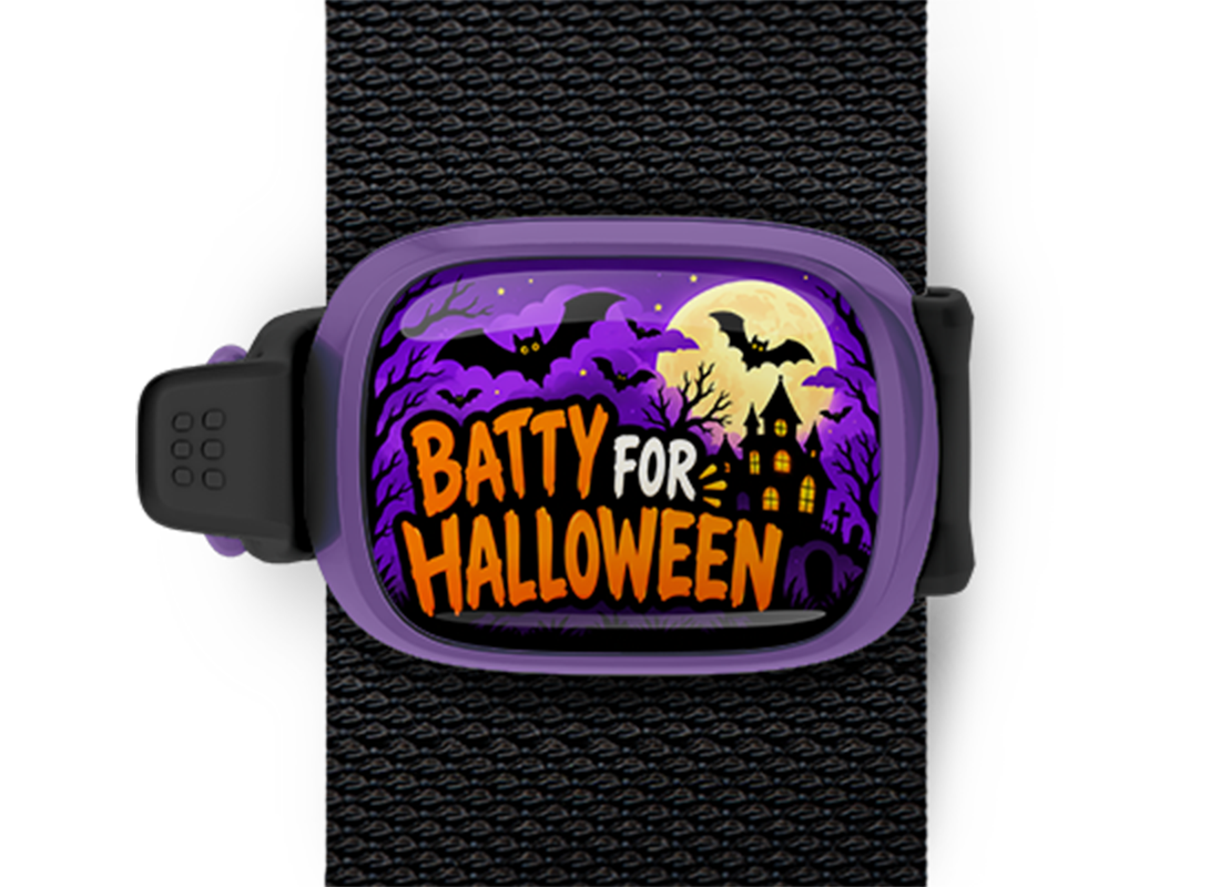 Batty For Halloween Stwrap Halloween bag tag mounted on a black strap