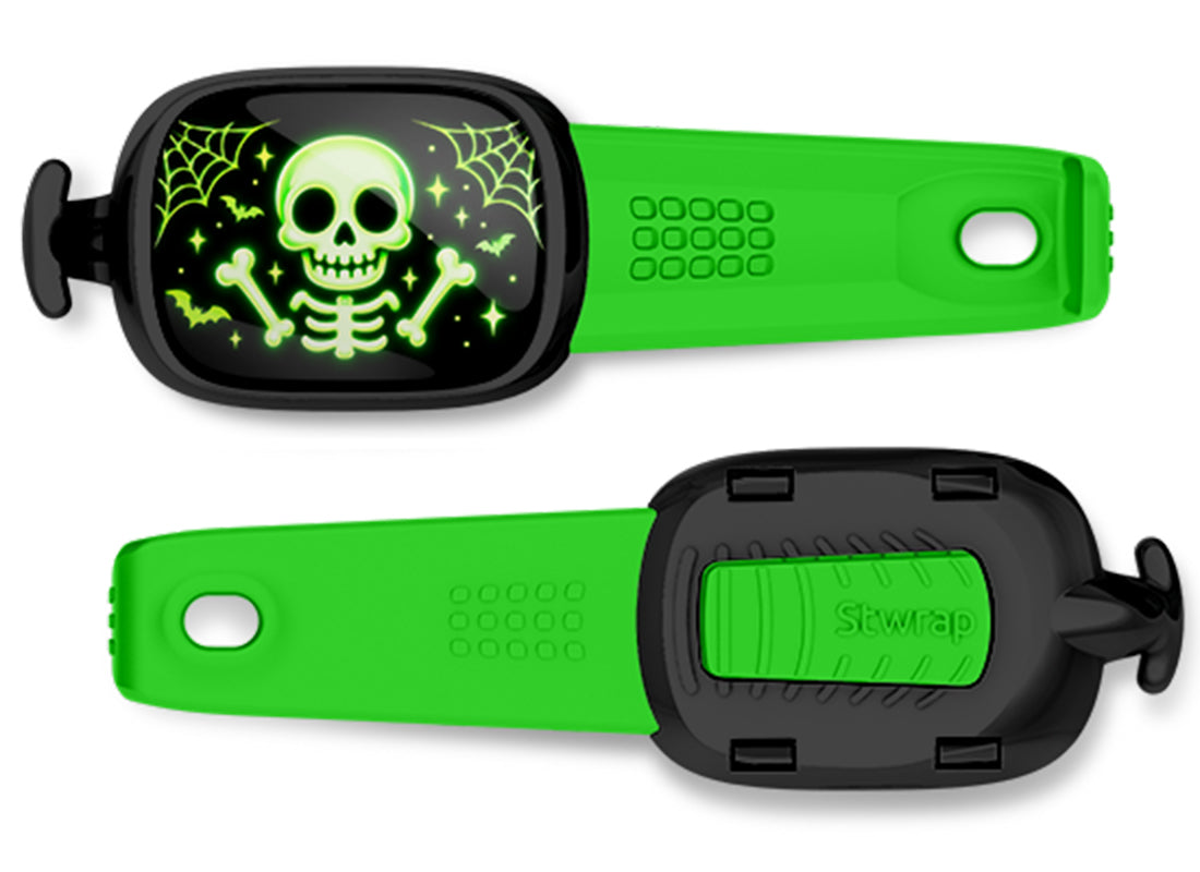 Neon Skeleton Stwrap bag tag, front design and back view
