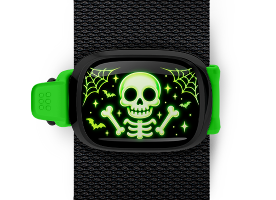 Neon Skeleton Stwrap Halloween bag tag mounted on a black strap
