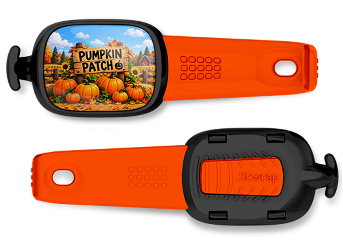 Pumpkin Patch Stwrap bag tag, front design and back view