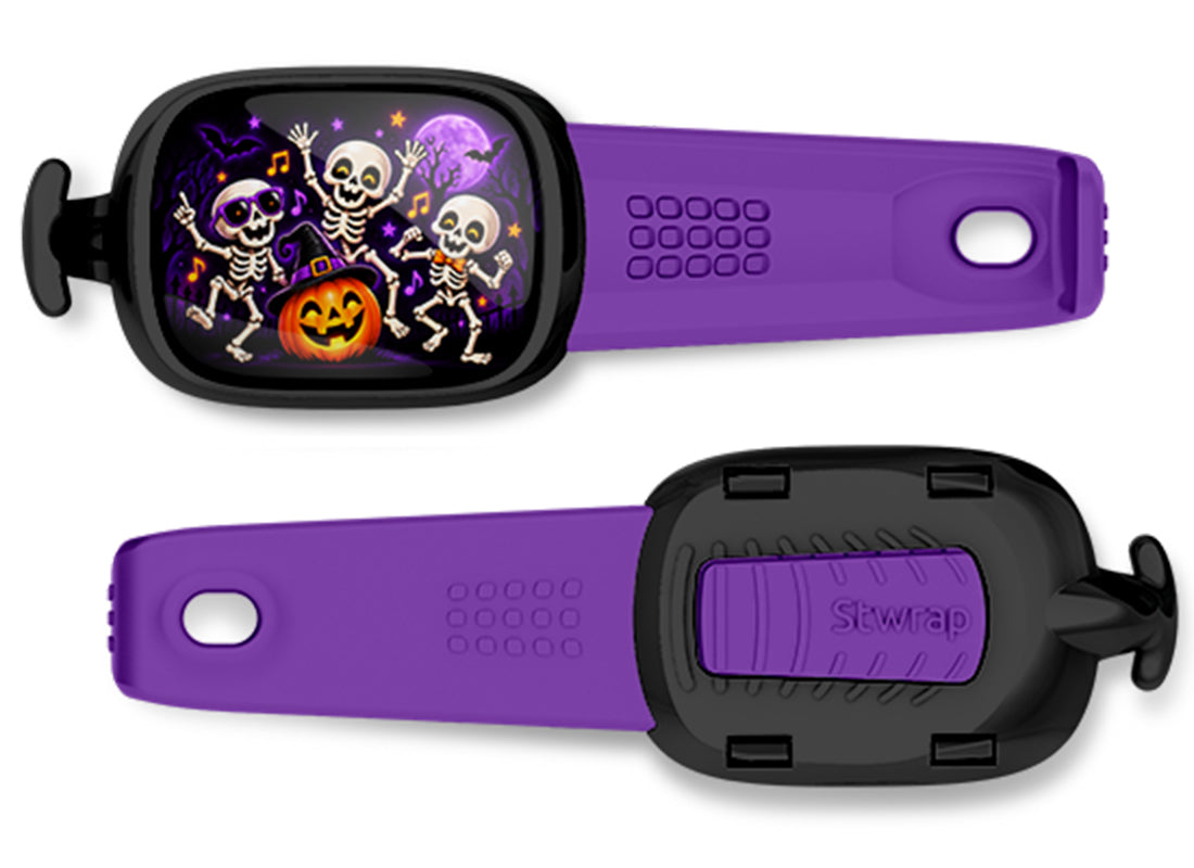 Skeleton Dance Party Stwrap bag tag, front design and back view