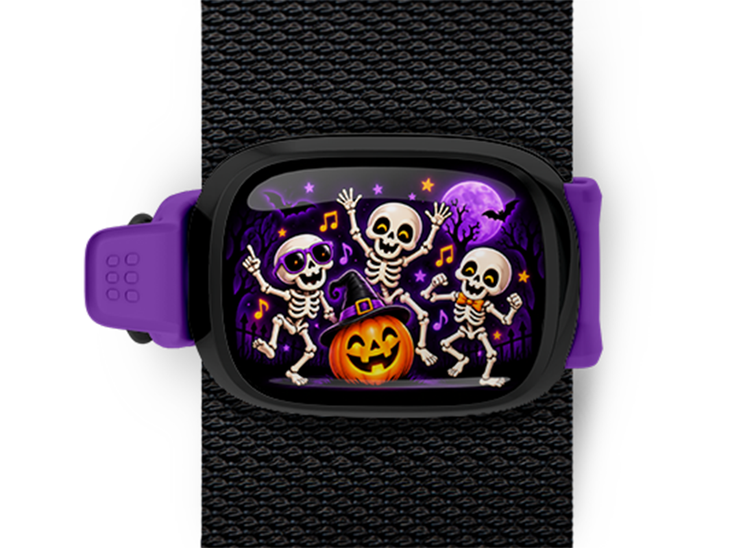Skeleton Dance Party Stwrap Halloween bag tag mounted on a black strap