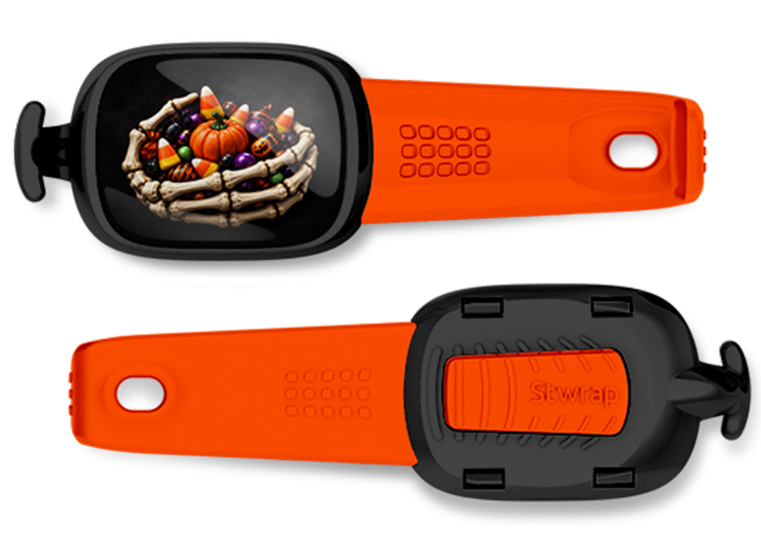 Skeleton Hands Candy Bowl Stwrap bag tag, front design and back view