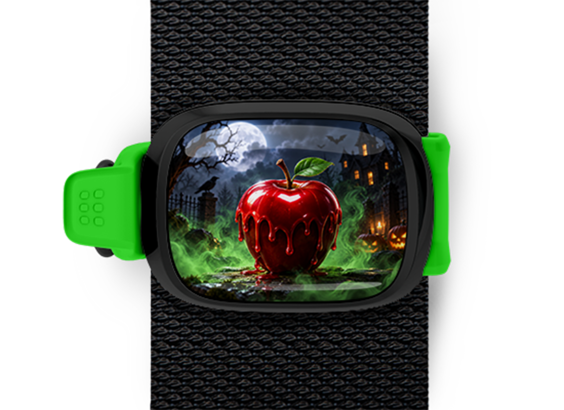 Poison Apple Stwrap Halloween bag tag mounted on a black strap