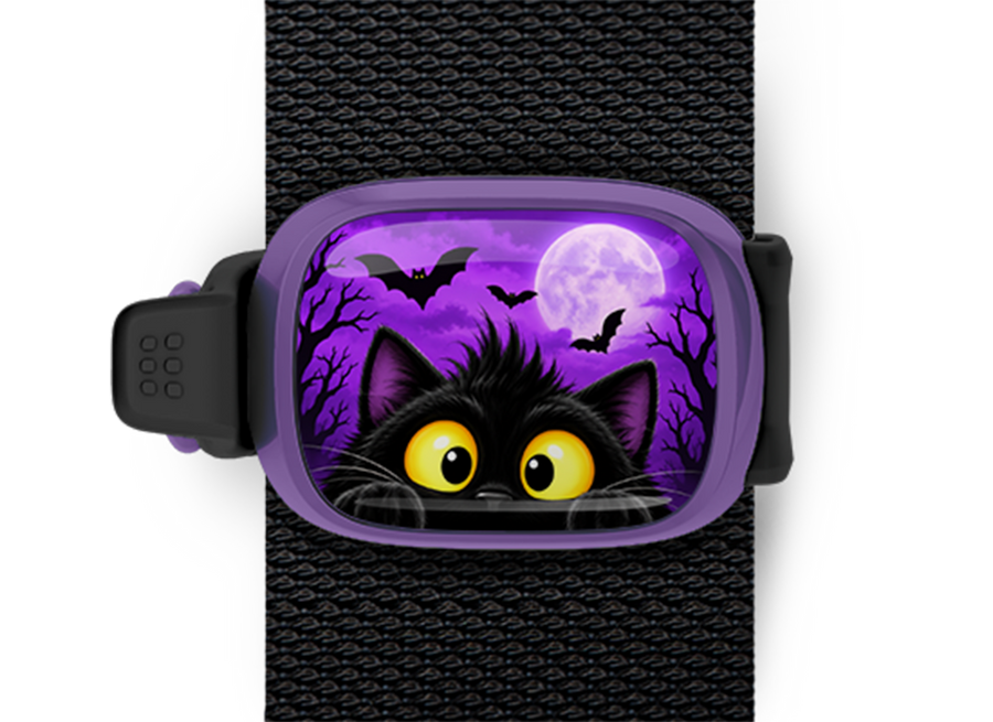 Black Cat Peek Stwrap Halloween bag tag mounted on a black strap