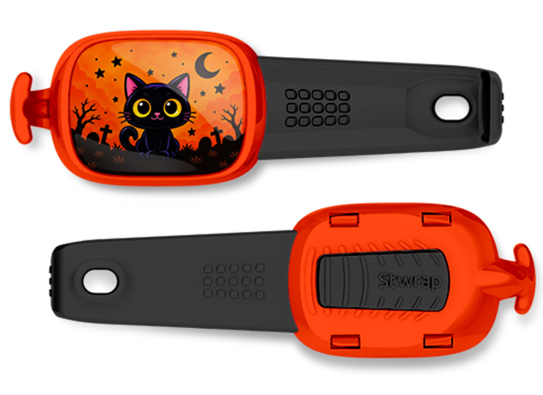 Black Cat Halloween Night Stwrap bag tag, front design and back view