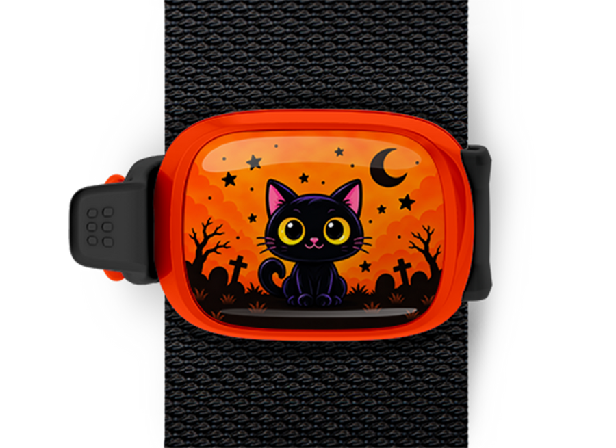 Black Cat Halloween Night Stwrap Halloween bag tag mounted on a black strap