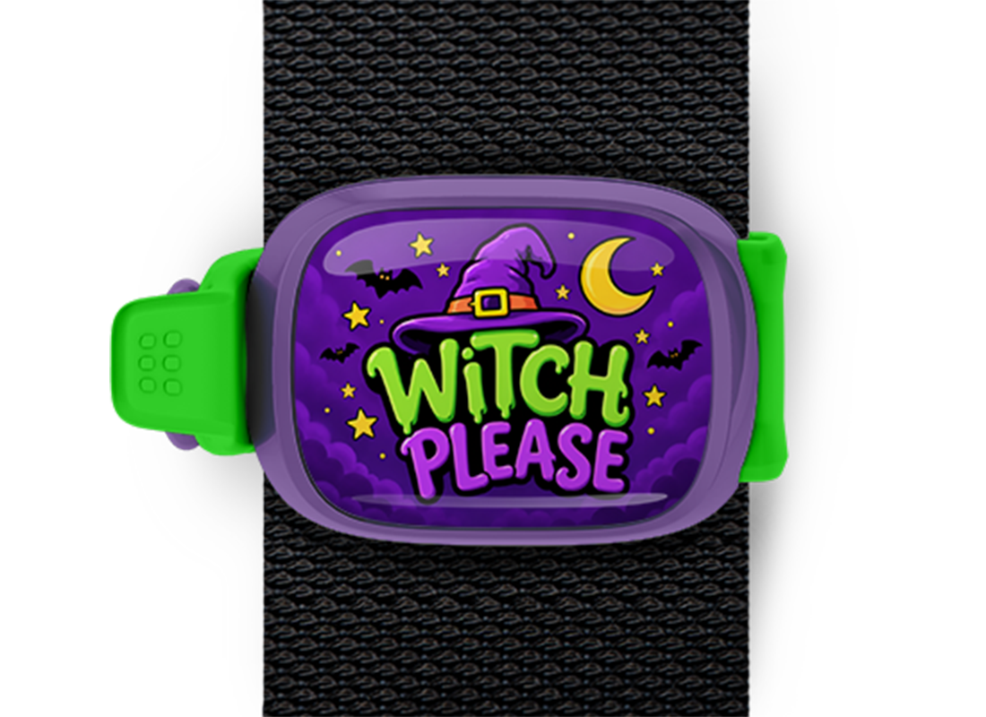 Witch, Please Stwrap Halloween bag tag mounted on a black strap