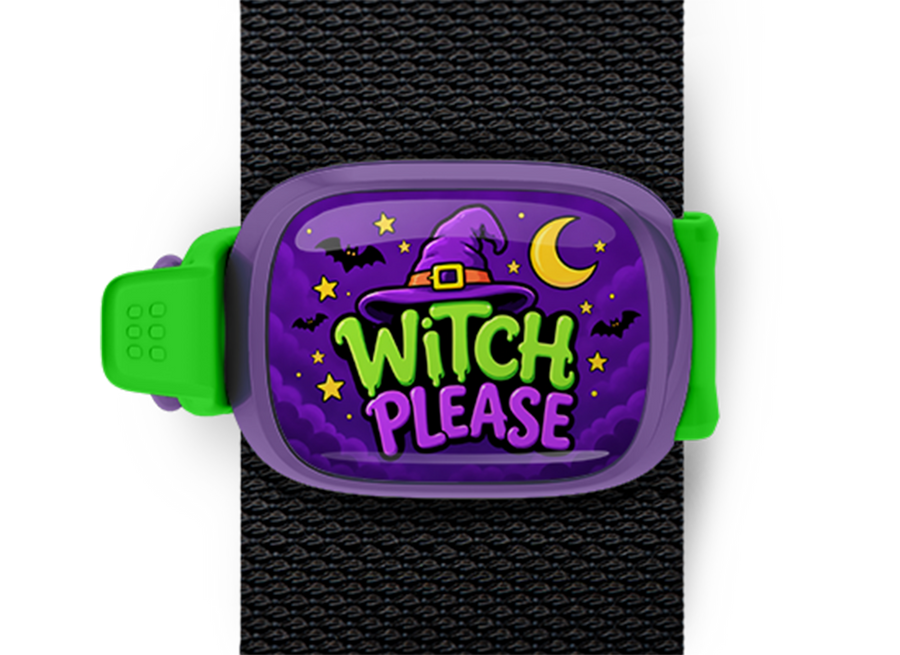 Witch, Please Stwrap Halloween bag tag mounted on a black strap