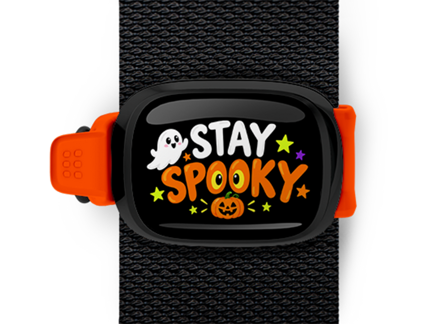 Stay Spooky Ghost Pumpkin Stwrap Halloween bag tag mounted on a black strap