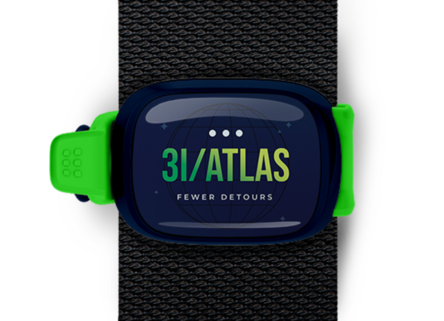 3i Atlas Bag Tag mounted on a bag strap