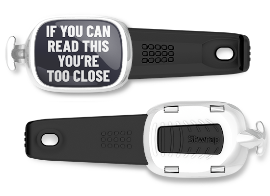 You're Too Close pandemic bag tag Stwrap mounted on backpack strap