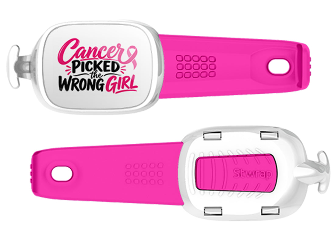 Cancer Picked the Wrong Girl Pink & Black Stwrap bag tag front and back views