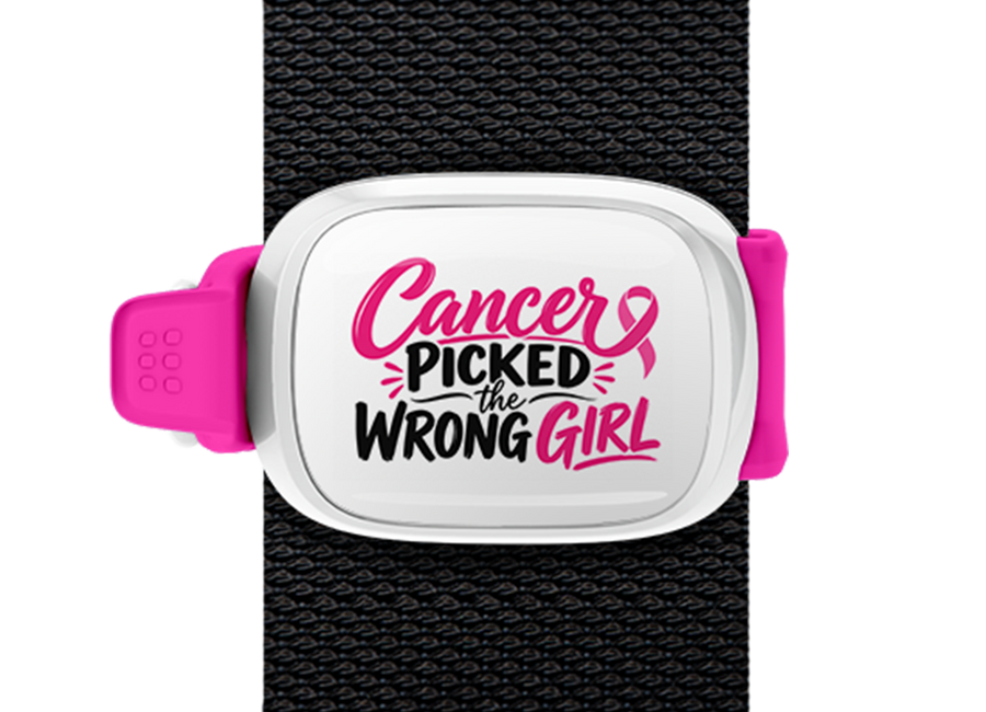 Cancer Picked the Wrong Girl Pink & Black Stwrap bag tag mounted on a bag strap
