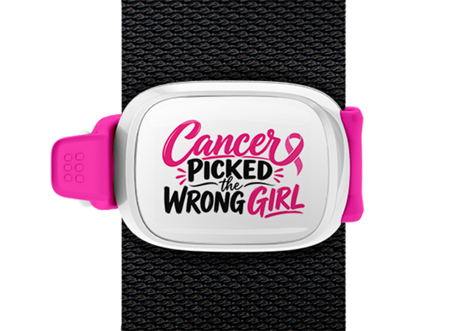 Cancer Picked the Wrong Girl Pink & Black Stwrap bag tag mounted on a bag strap