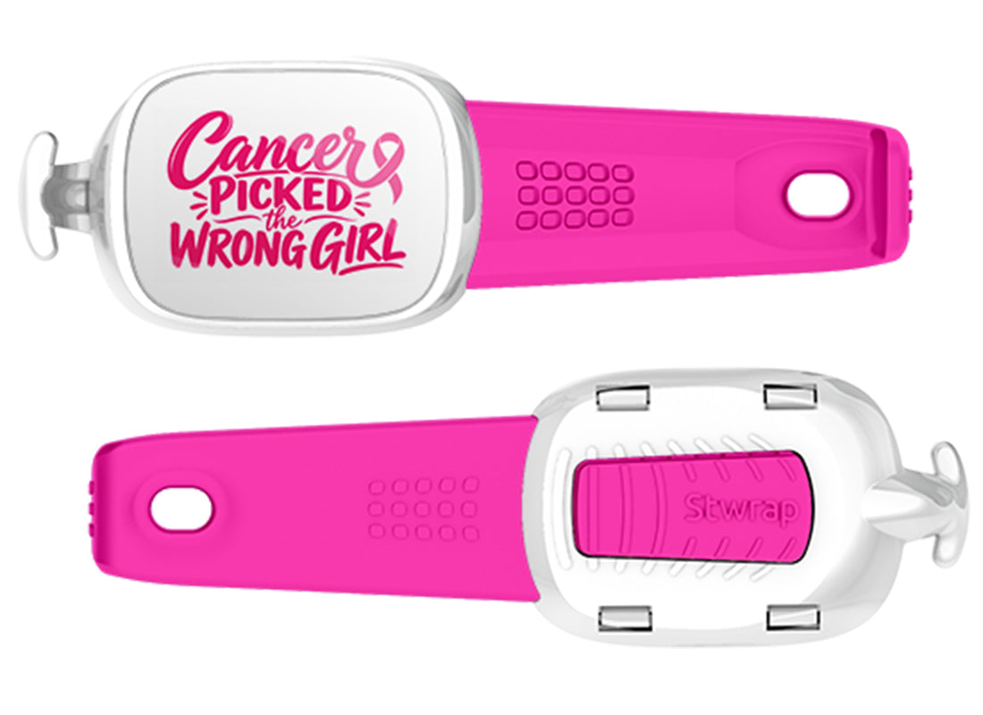 Cancer Picked the Wrong Girl Pink Stwrap bag tag front and back views