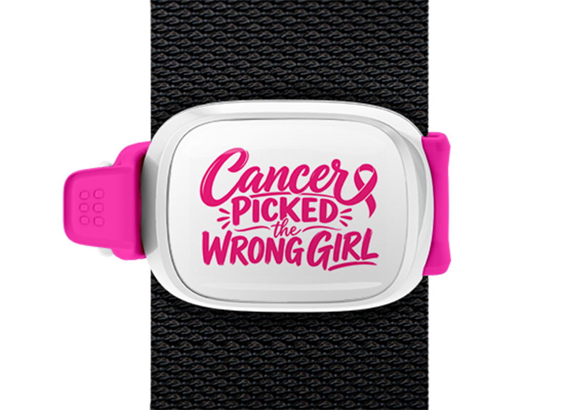Cancer Picked the Wrong Girl Pink Stwrap bag tag mounted on a bag strap