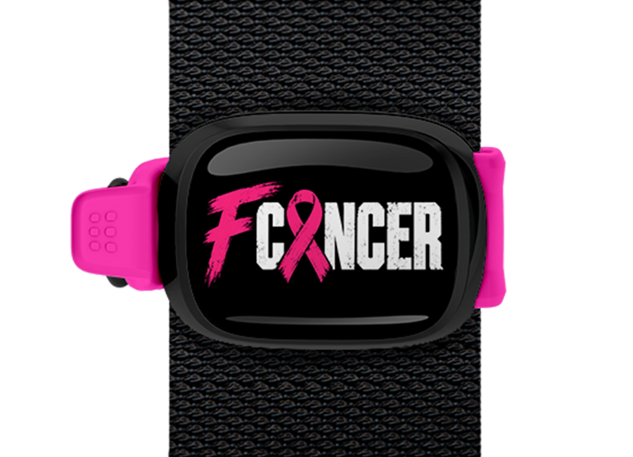 F Cancer Pink Band Stwrap bag tag mounted on a bag strap
