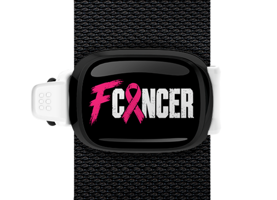 F Cancer White Band Stwrap bag tag mounted on a bag strap