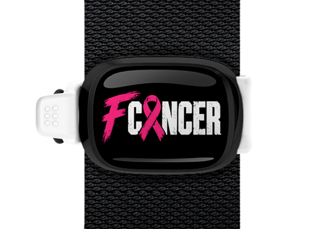 F Cancer White Band Stwrap bag tag mounted on a bag strap