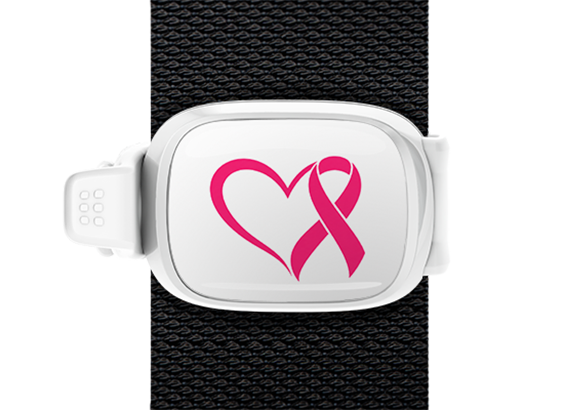 Pink Ribbon Heart Loop Stwrap bag tag mounted on a bag strap