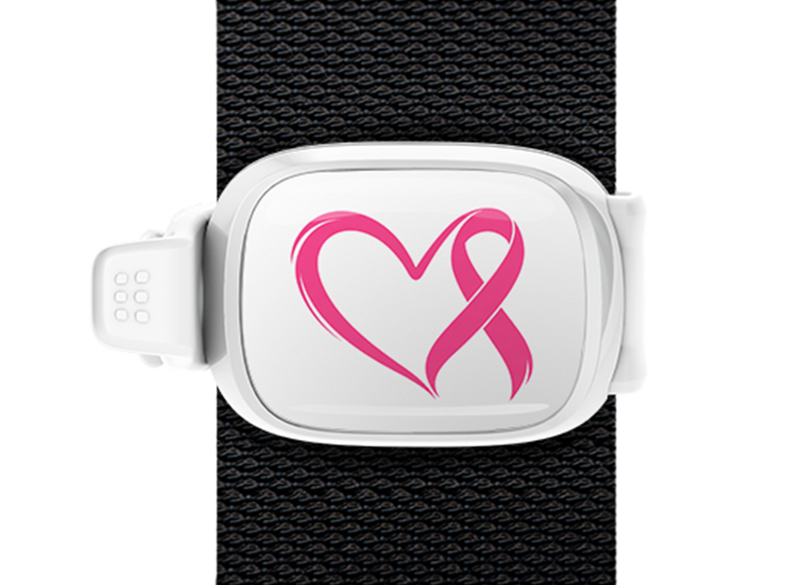 Heart & Pink Ribbon Outline Stwrap bag tag mounted on a bag strap