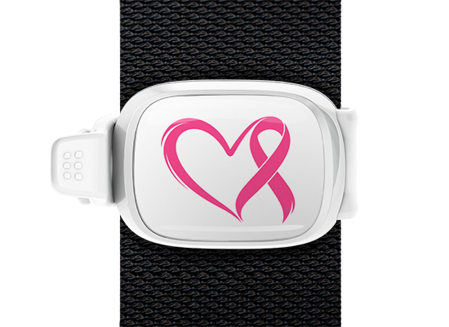 Heart & Pink Ribbon Outline Stwrap bag tag mounted on a bag strap