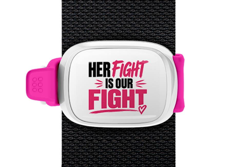 Her Fight Is Our Fight Stwrap bag tag mounted on a bag strap
