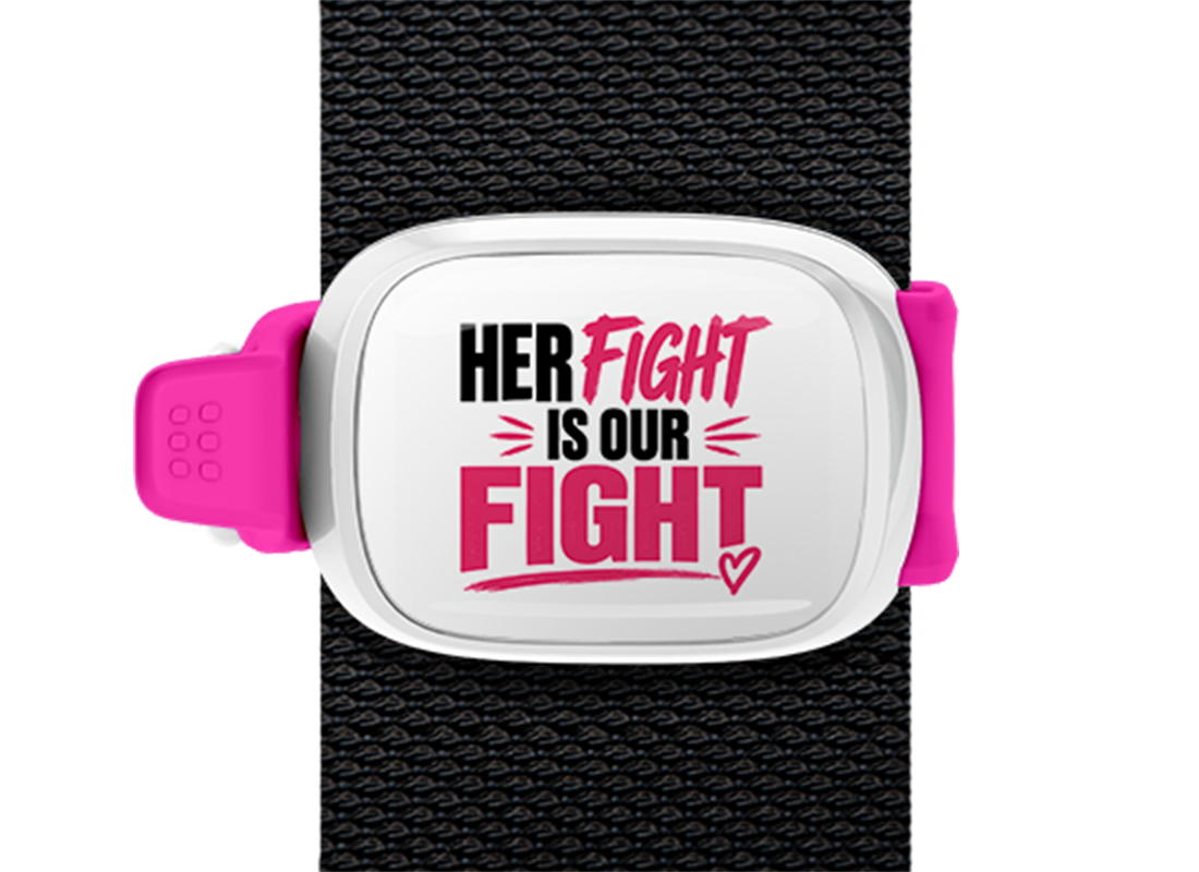 Her Fight Is Our Fight Stwrap bag tag mounted on a bag strap